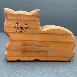 Vintage Folk Art Kitty Cat Hand Painted Wood Hand Made Knick Knack 5x3